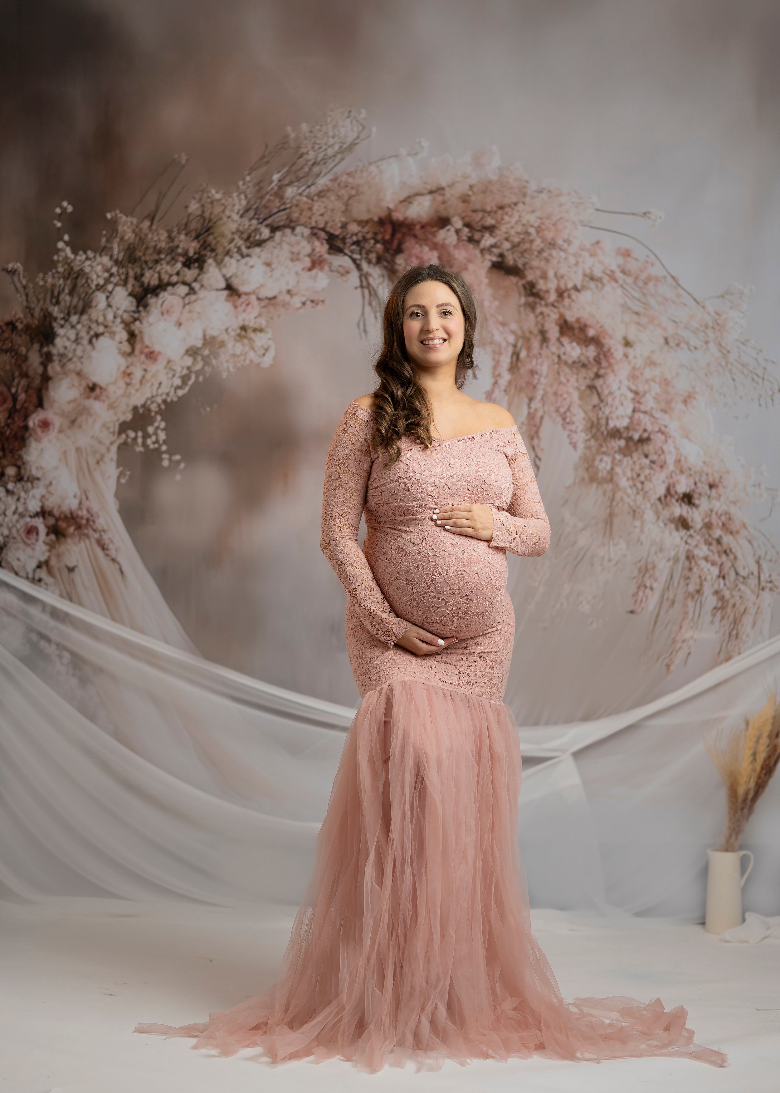maternity photoshoot dress FOR HIRE Elegant, elastic PINK lace White Maternity / Photoshoot dress Lilly PINK 7 Days