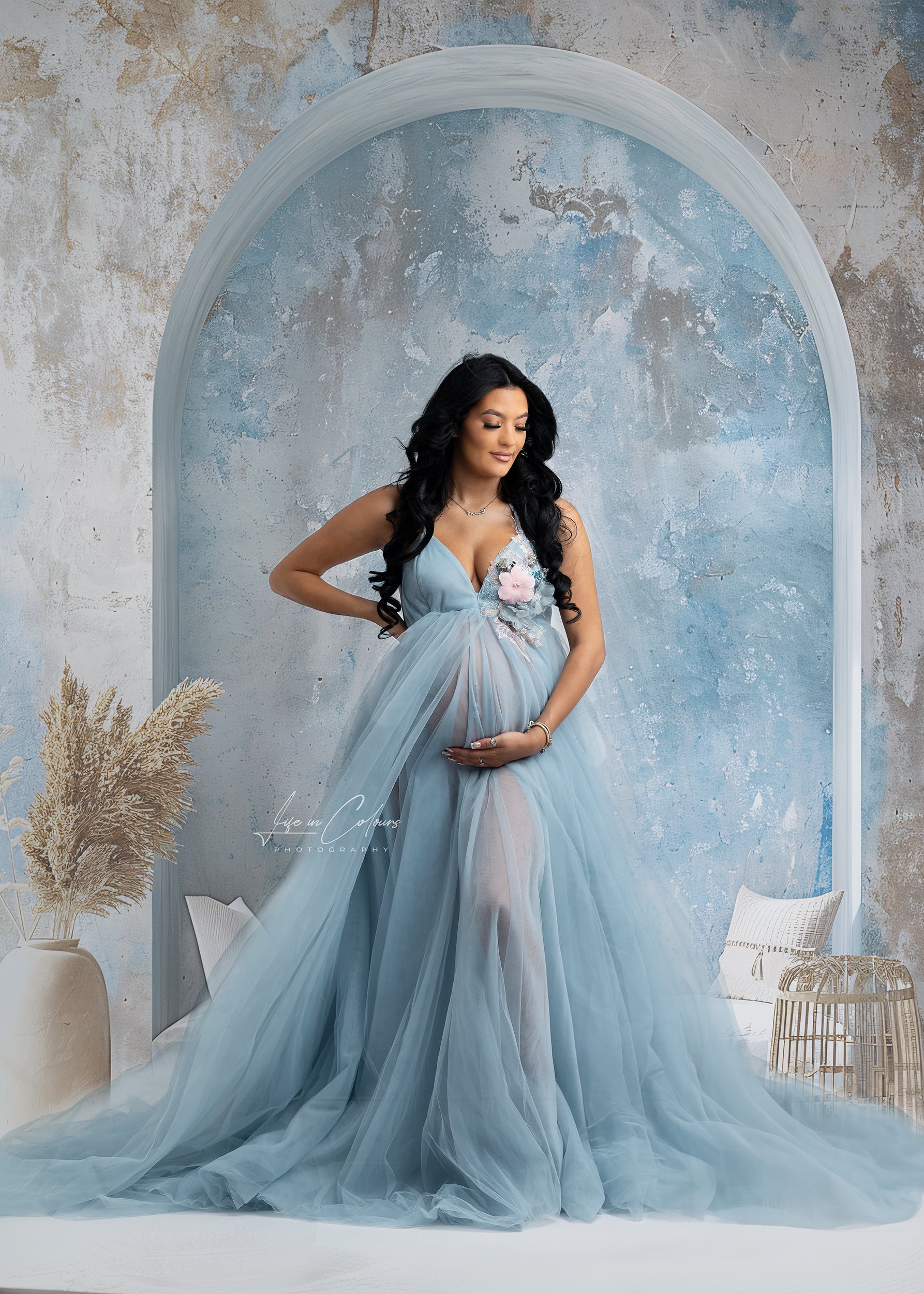 FOR HIRE MATERNITY / PHOTO SHOOT DRESS in blue with embroidery