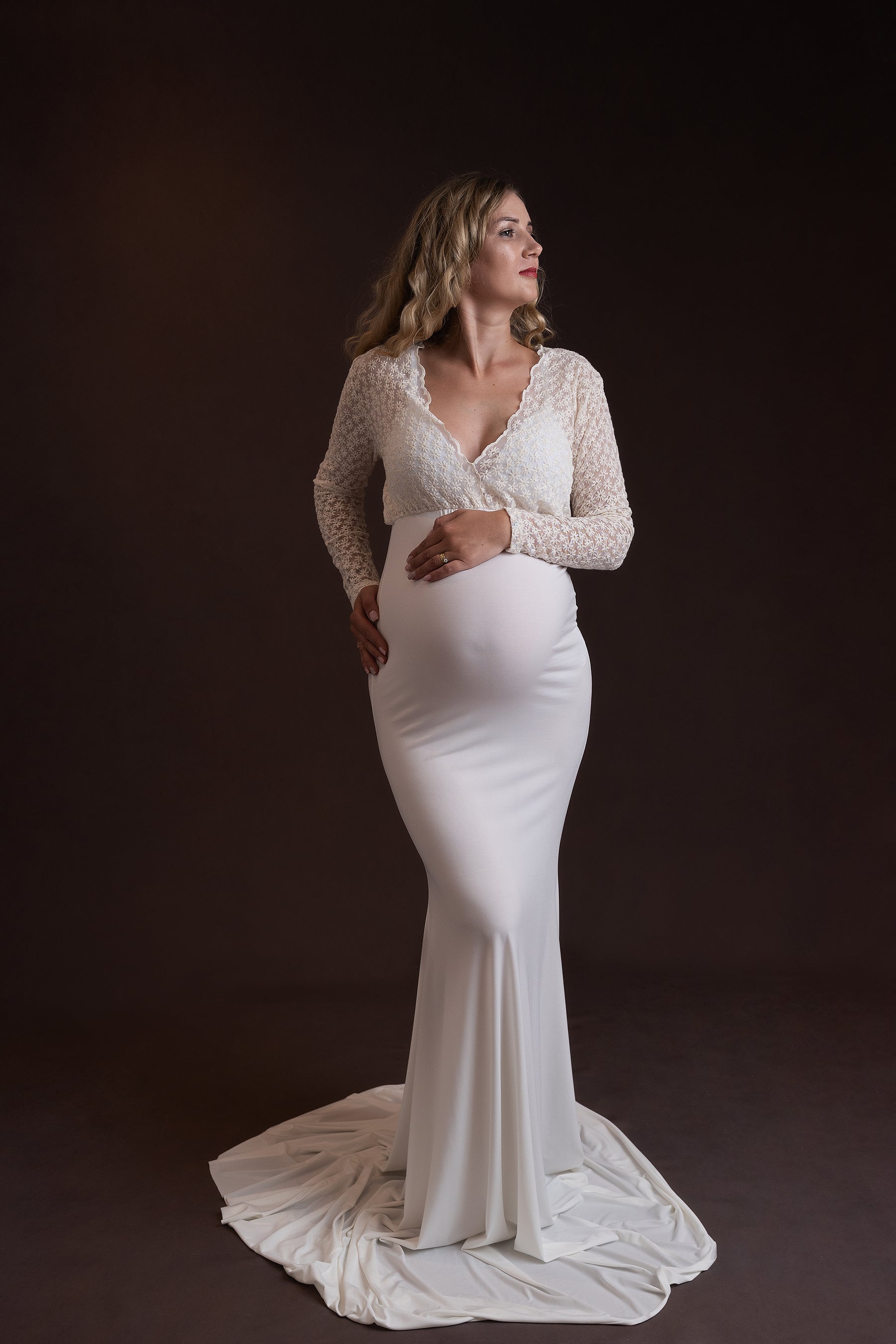 Cream Lace and Lycra Maternity Photoshoot Dress PropsandDrops Cream Lace and Lycra Maternity Photoshoot Dress PropsandDrops
