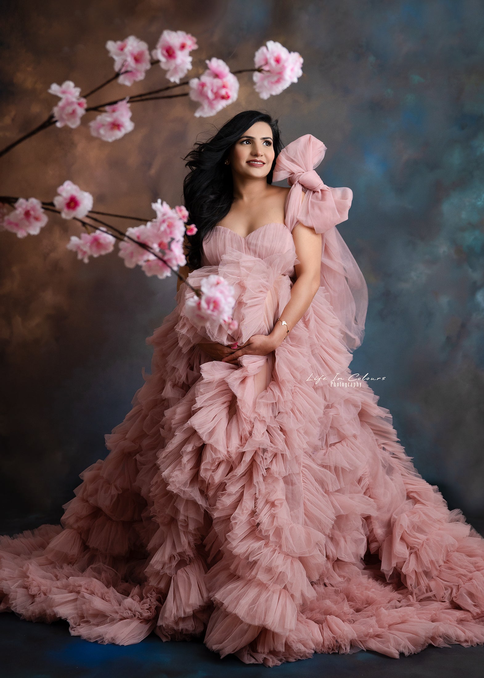 pink tulle maternity dress Dusty Pink Maternity Photoshoot Dress Tulle Rose Cape Mermaid Maternity Baby Shower Gown YW250074
