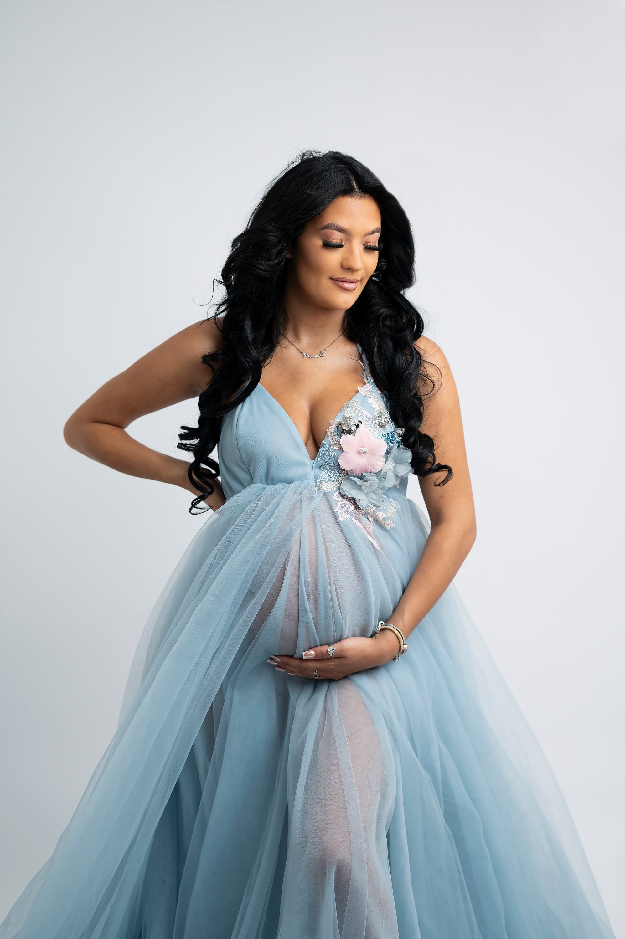 FOR HIRE MATERNITY / PHOTO SHOOT DRESS in blue with embroidery